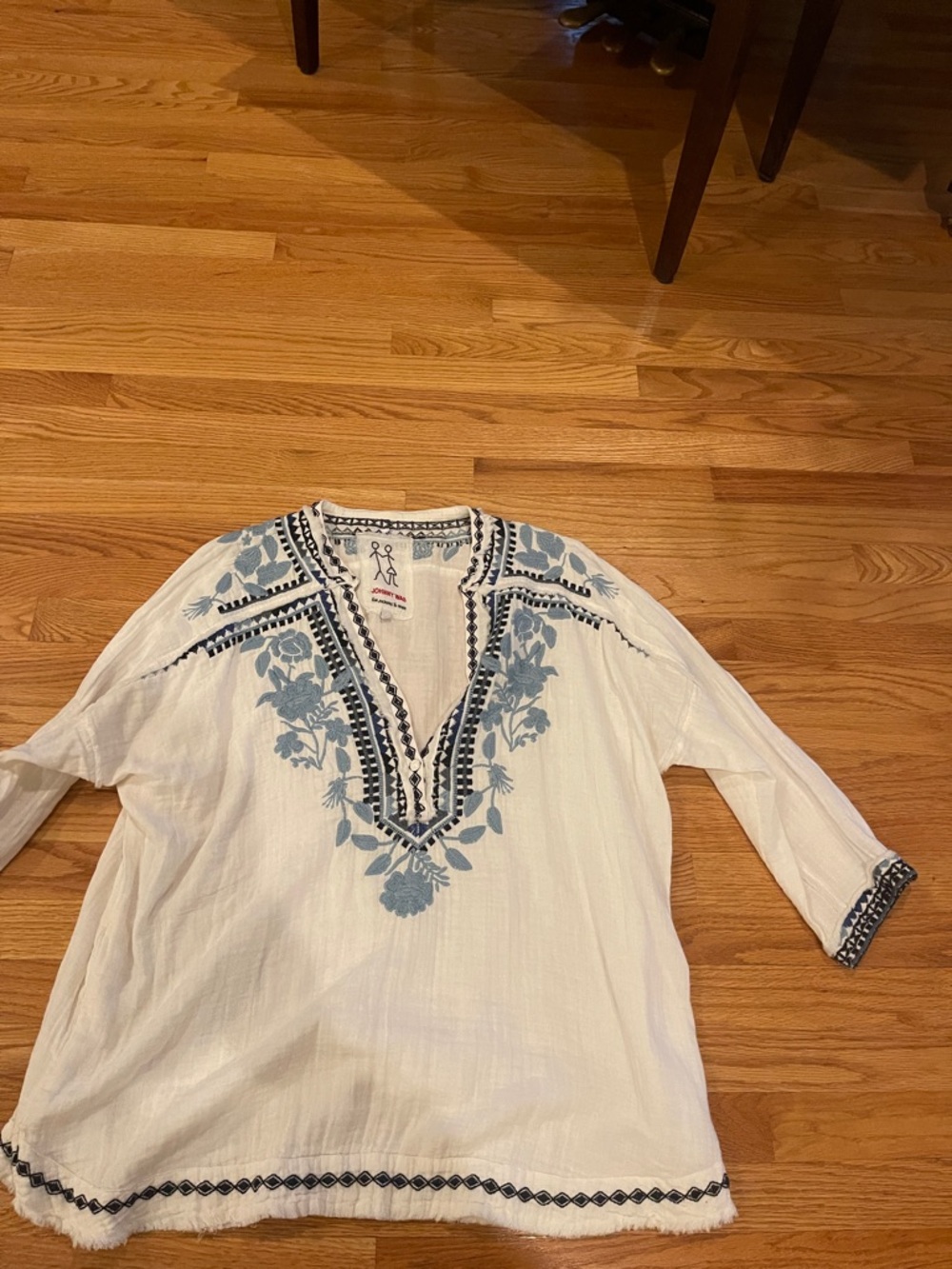 Johnny Was White Tunic with Blue Floral Embroidery